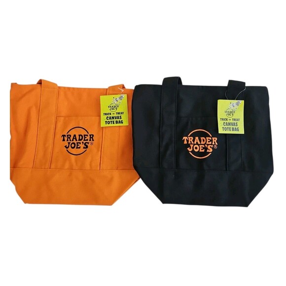 Trader Joes Mini Halloween Canvas Tote Bag 2 Piece Set ORANGE AND BLACK NWT - Picture 1 of 6